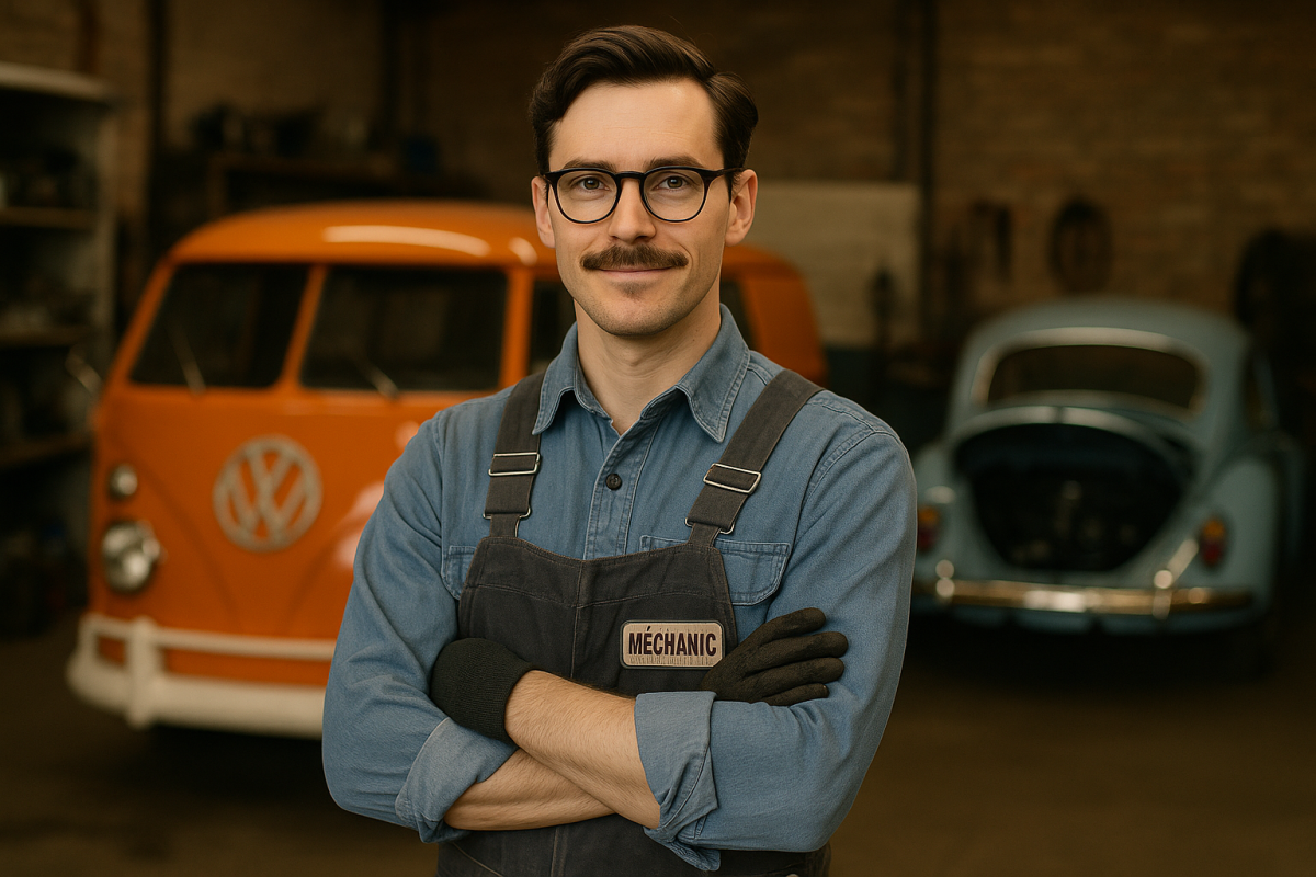 AI generated image of a classic VW repair mechanic